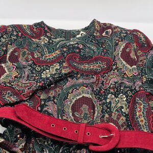 Vintage EGM Dress Paisley Belted Puffed Sleeve Burgundy Green Womens Size 12